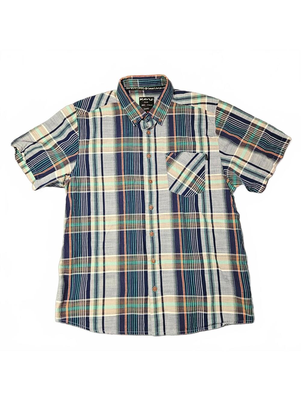 Kavu Men's XL Plaid Button Up Shirt Blue Green Cream Casual Short Sleeve Hike